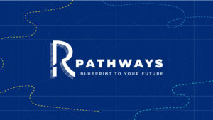 RPathways logo with tagline on blue grid background
