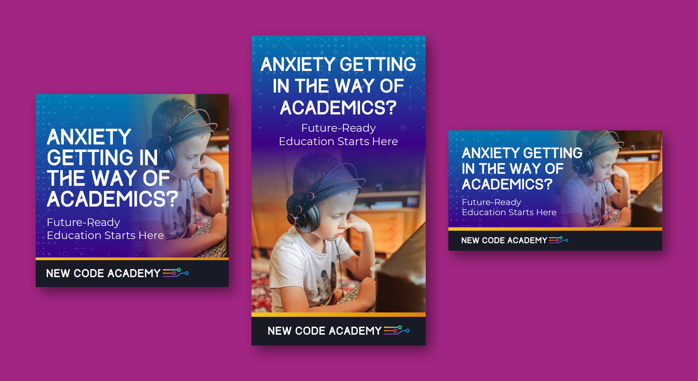Collage of New Code Academy digital ads