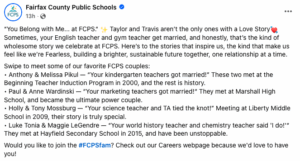 Facebook post from Fairfax County Public Schools playfully referencing Taylor Swift and Travis Kelce’s engagement while celebrating real teacher couples within the district.