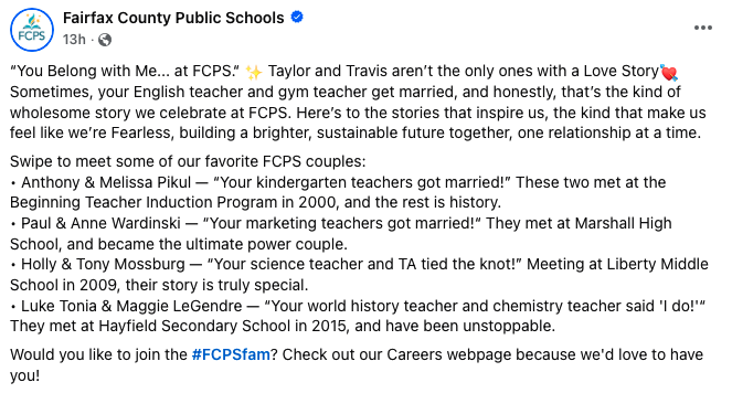 Facebook post from Fairfax County Public Schools playfully referencing Taylor Swift and Travis Kelce’s engagement while celebrating real teacher couples within the district.