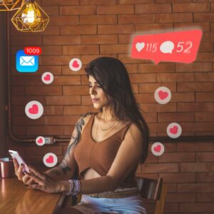 Woman surrounded by emoji hearts and 1009 email notifications