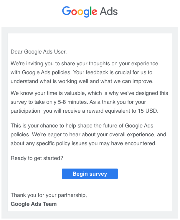 Google Ads Survey Email