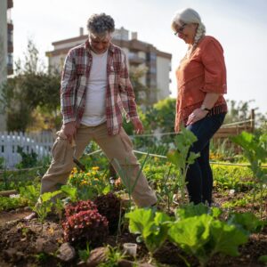 Two people working in a community garden