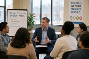 School leader facilitates a community listening session with diverse families gathered in a circle sharing feedback.