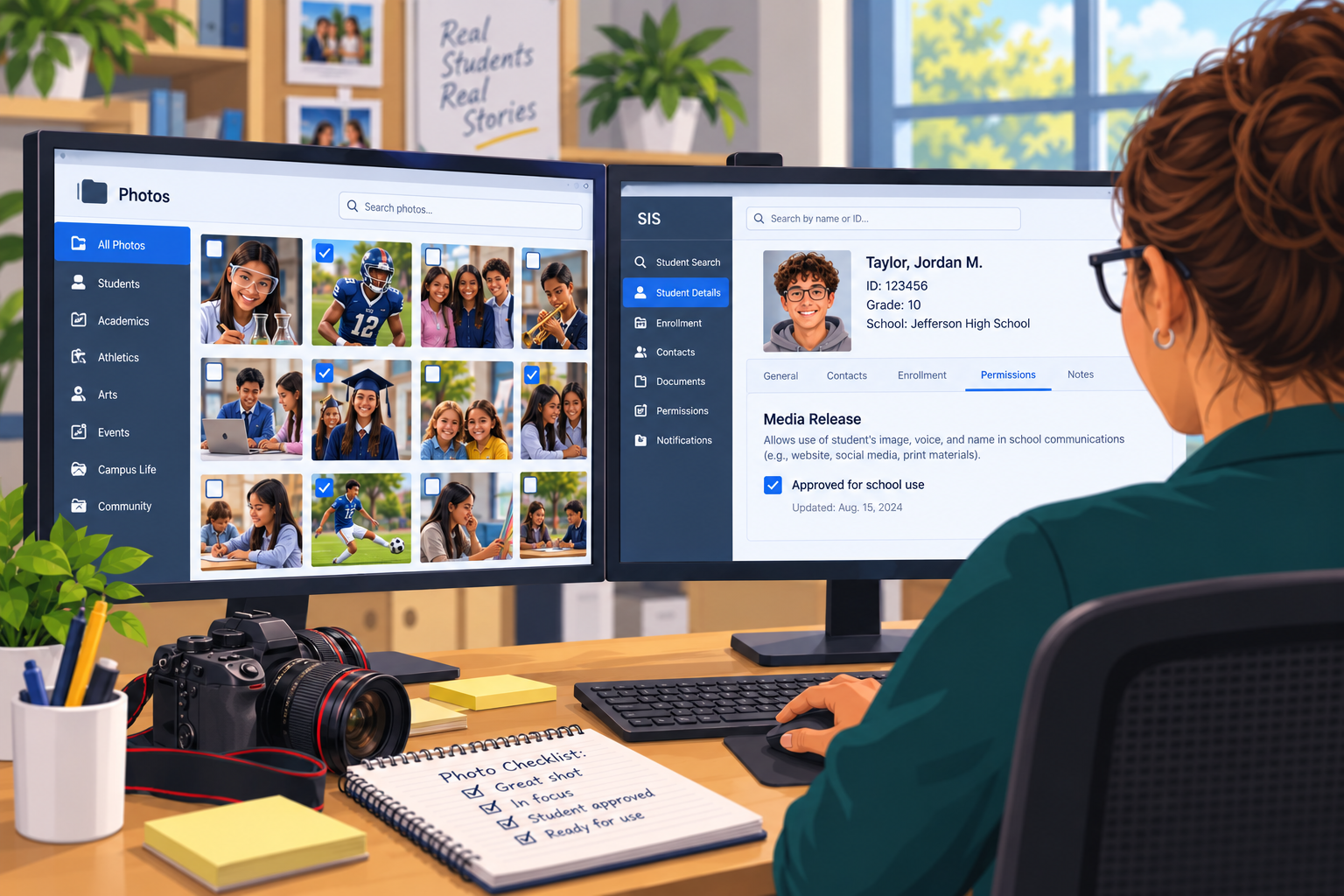 School photography example emphasizing the importance of confirming student photo permissions before publishing images.