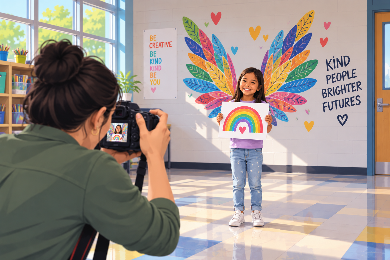 School photography example showing why leaving space around a subject creates more cropping options.