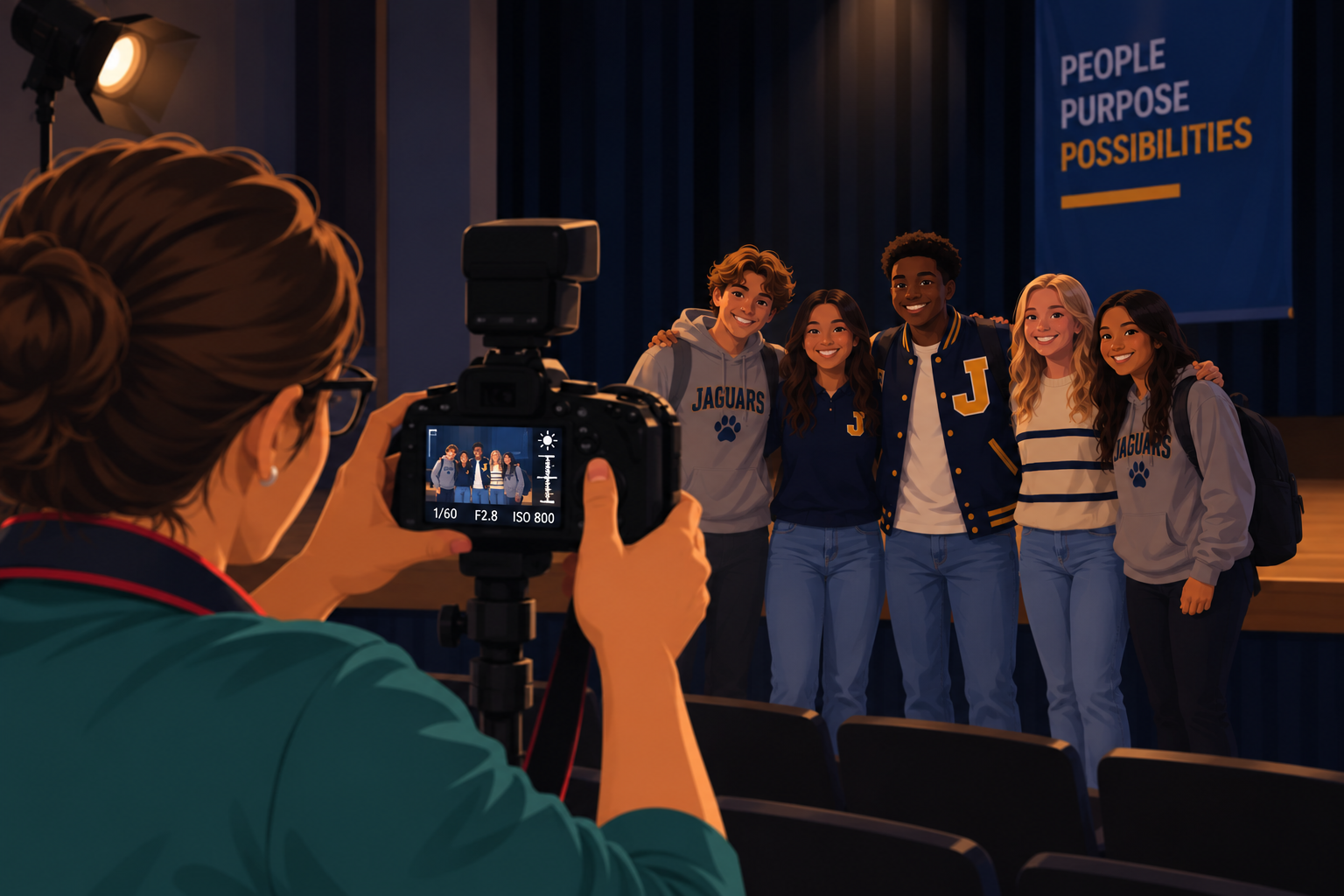 School photography example demonstrating how lighting and camera position affect exposure and visibility.